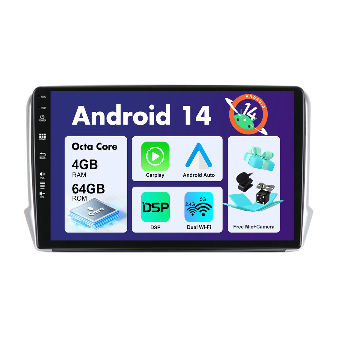 SXAUTO Android 12 IPS Autoradio für Peugeot 208/2008 (2012-2018) - Eingebaut Carplay/Android Auto/DS