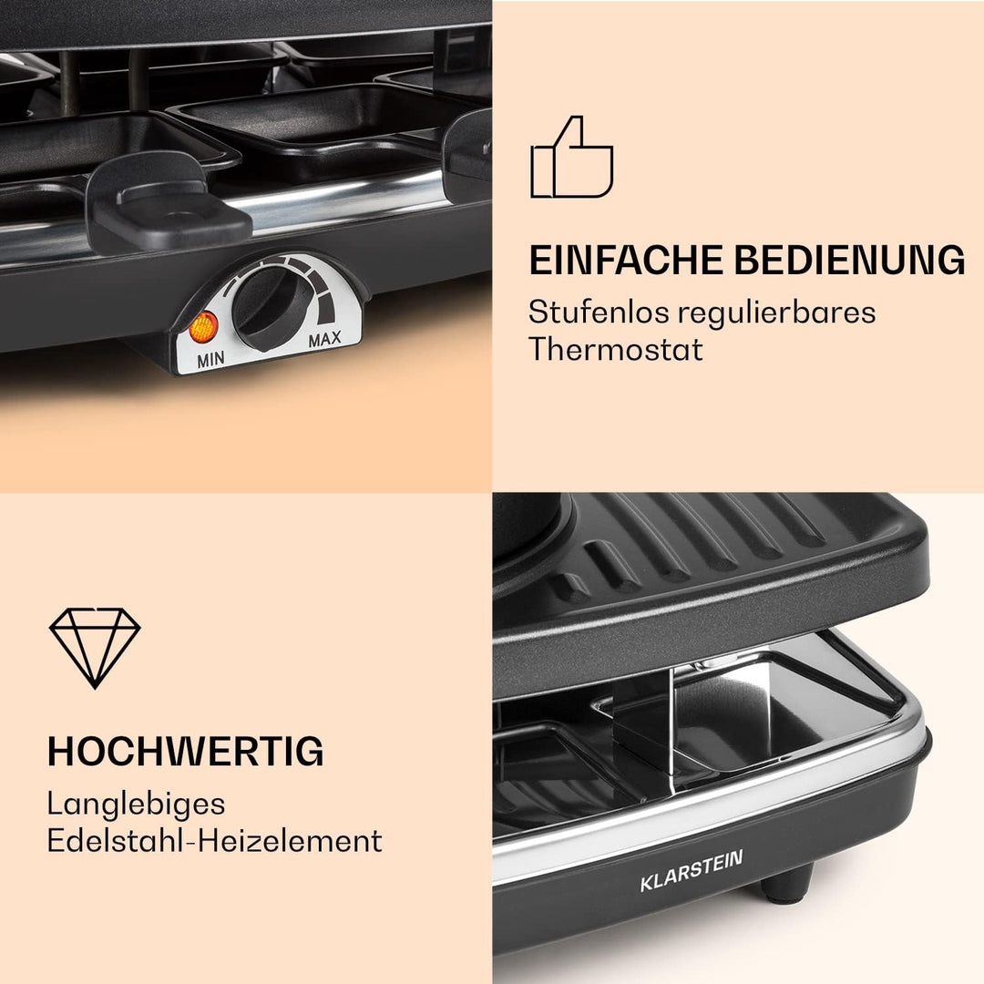 Klarstein Entrecote Raclette - Fondue, Tischgrill, Partygrill, 1100 Watt, 8 Pfännchen, Antihaftbesch