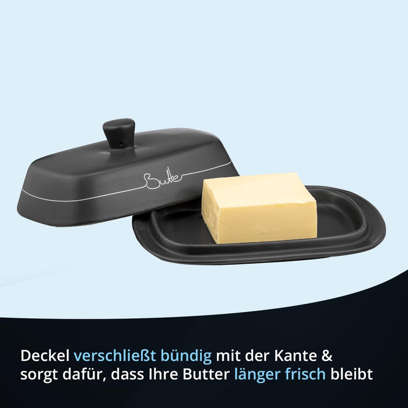 KHG Butterdose Anthrazit Grau Keramik Steingut poliert mit Griff für 200g Butter, Butter Box mit Bes