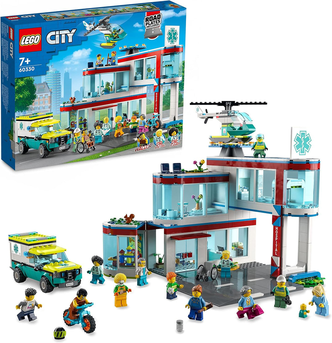 LEGO 60330 City Krankenhaus mit Krankenwagen, Rettungshubschrauber und 12 Mini-Figuren für Jungen un