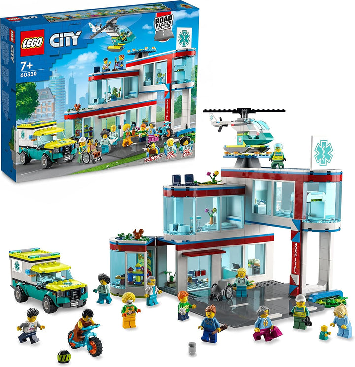 LEGO 60330 City Krankenhaus mit Krankenwagen, Rettungshubschrauber und 12 Mini-Figuren für Jungen un
