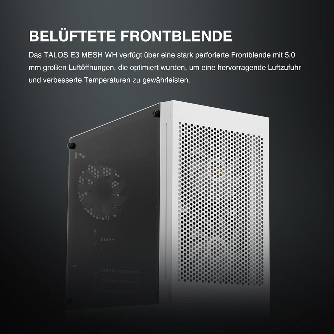 GAMDIAS Talos E3 Mesh WH Gaming PC-Gehäuse, Mid-Tower ATX-Gehäuse mit seitlicher gehärteter Glassche