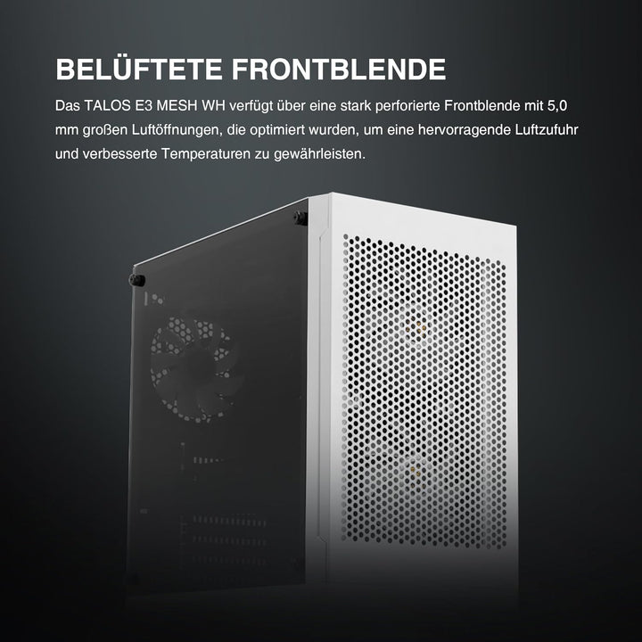 GAMDIAS Talos E3 Mesh WH Gaming PC-Gehäuse, Mid-Tower ATX-Gehäuse mit seitlicher gehärteter Glassche