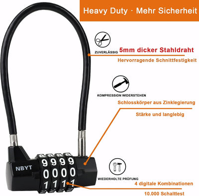 NBYT Stahlkabelseil Zahlenschloss Vorhängeschloss, Durchmesser 5 mm, Länge 39 cm, für Schliessfächer