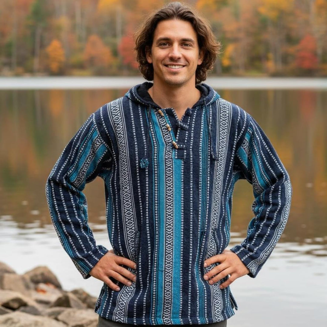 GURU SHOP Goa Kapuzenshirt, Baja Hoodie, Style Kapuzenpullover, Herren, Baumwolle S Blau, S Blau