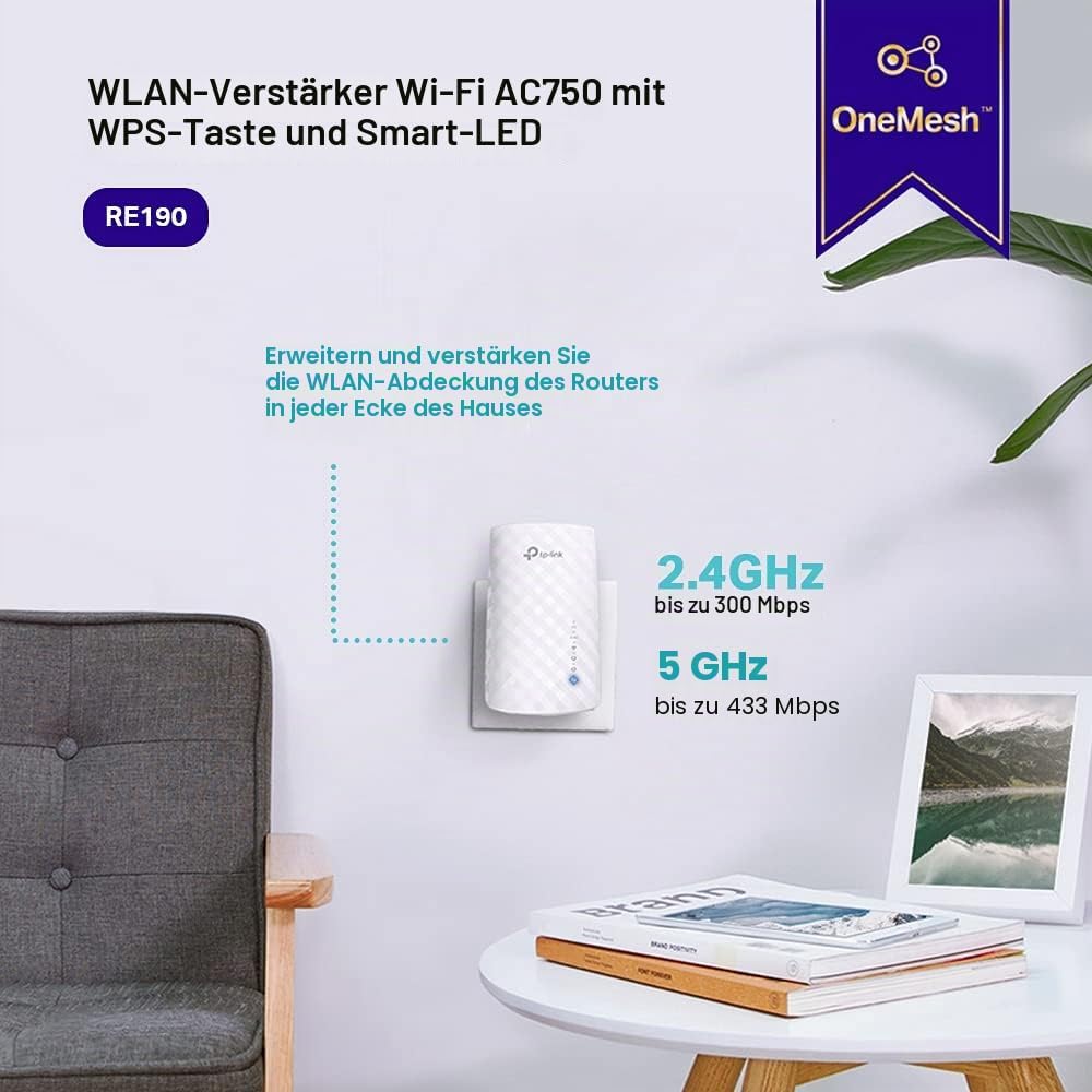 TP-Link RE190 AC750 WLAN-Repeater, 433 Mbps 5 GHz, Weiss Neue Version, Neue Version