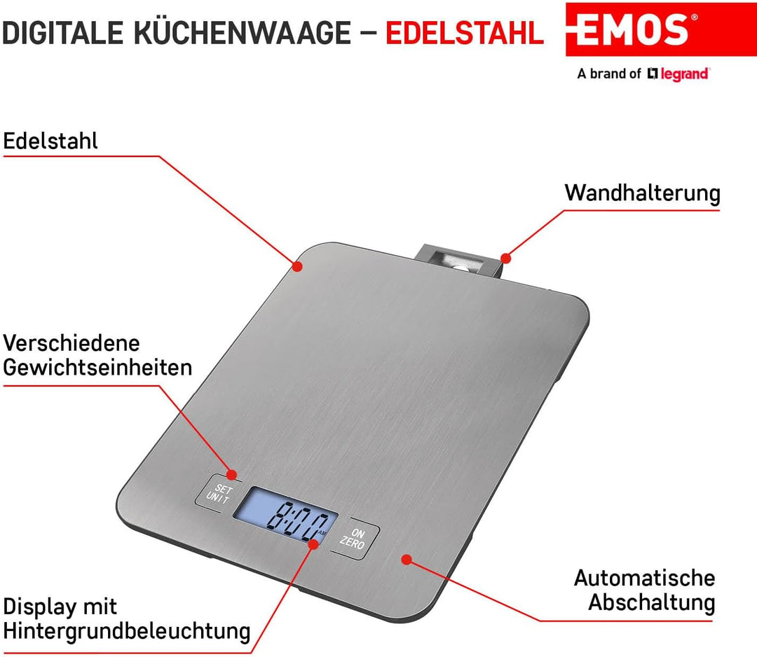 EMOS EV023 Küchenwaage aus Edelstahl mit Wandaufhängung/Digitalwaage mit beleuchtetem LCD Display/Ta