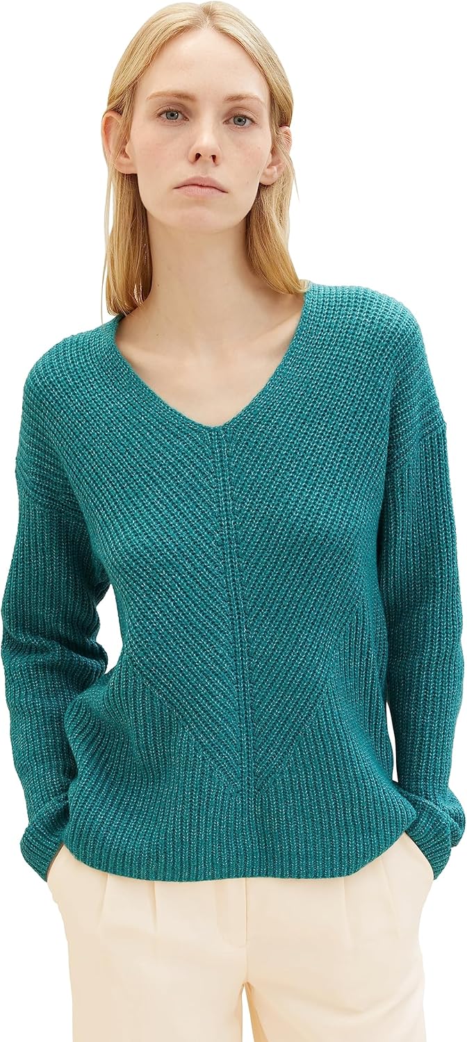 Tom Tailor Damen 1042956 RIPP Strickpullover mit V-Ausschnitt S 32402-ever Green Melange, S 32402-ev