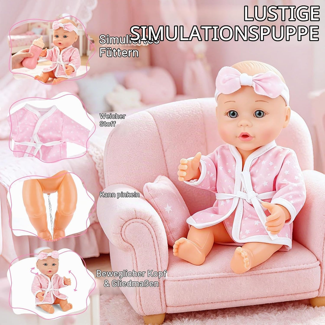 deAO Baby Puppe mit Badewanne und Zubehör, 30cm Badepuppe für Mädchen | Puppenzubehör Spielset mit F