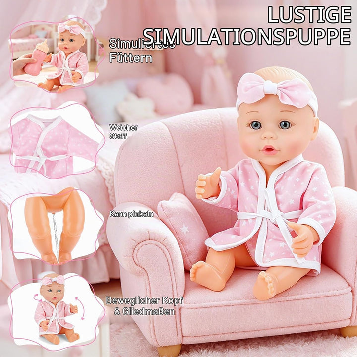 deAO Baby Puppe mit Badewanne und Zubehör, 30cm Badepuppe für Mädchen | Puppenzubehör Spielset mit F
