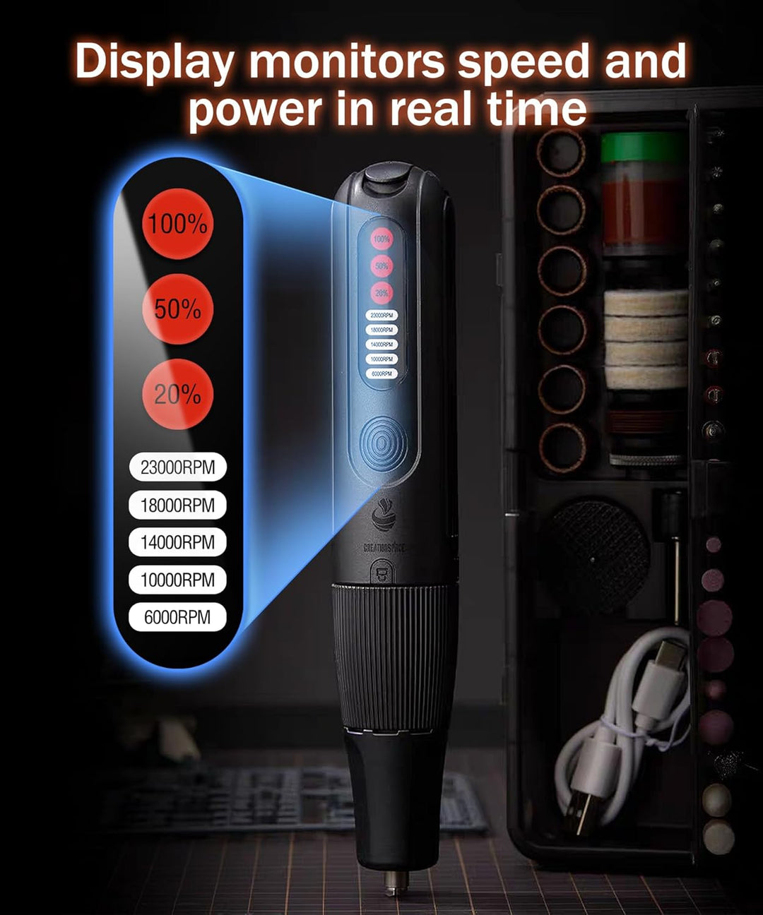 8V Akku Multifunktionswerkzeug Rotationswerkzeug 5-Gang(6000-23000 U/min) mit 56 Zubehör, Kabellos D