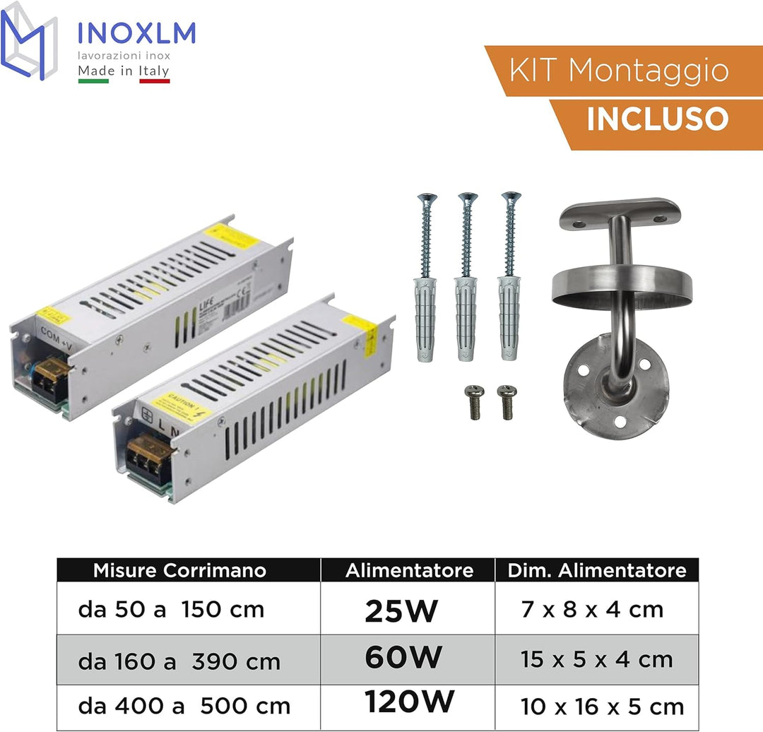 Treppenhandlauf aus Edelstahl mit naturweissen mehrfarbigen LEDs (140 cm, Handlauf mit LED warmes Li