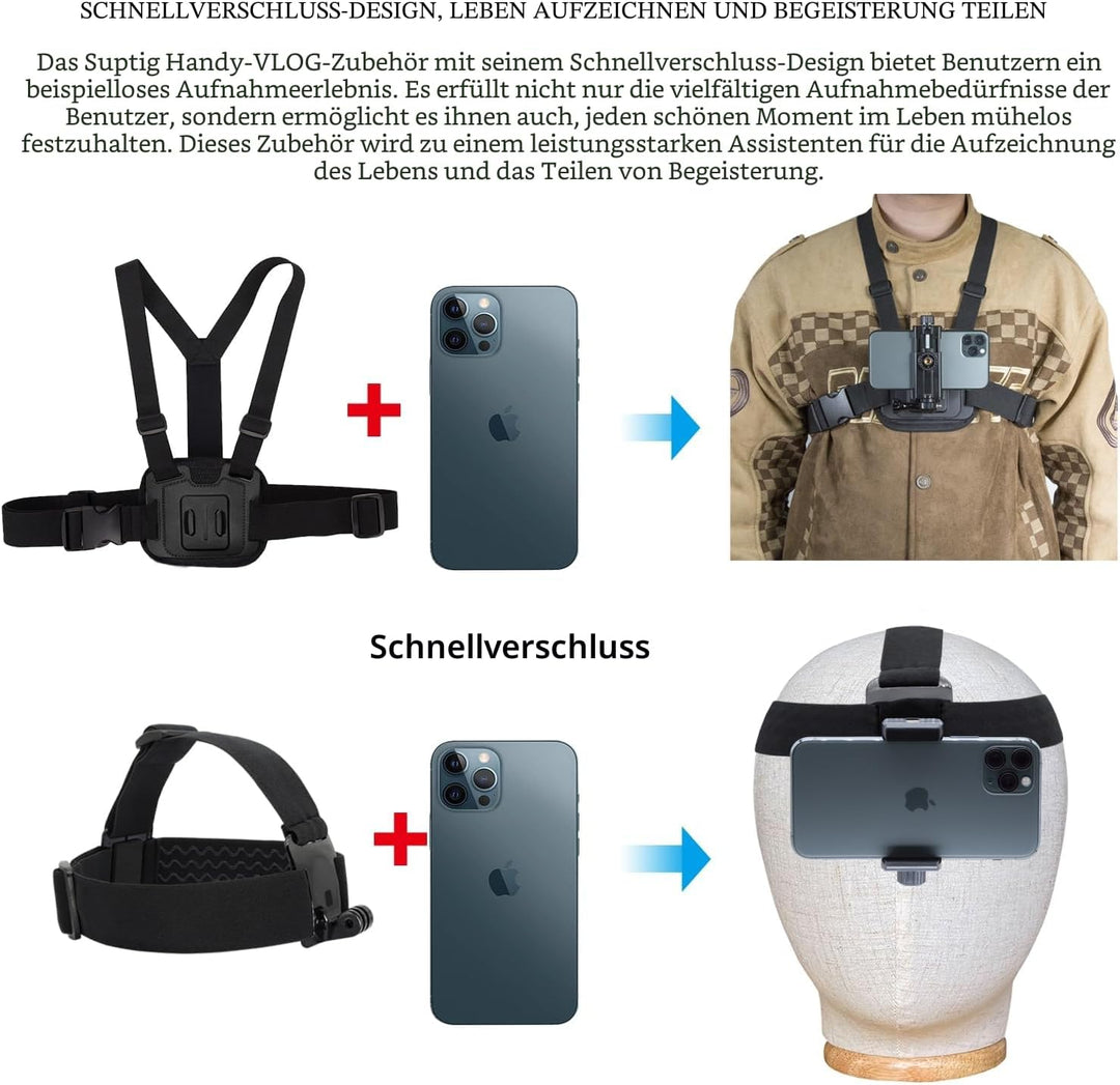 Suptig Handy-Brustgurt-Halterungs-Set für POV/VLOG, Handy-Clip für iPhone, Samsung, GoPro Hero 13, H