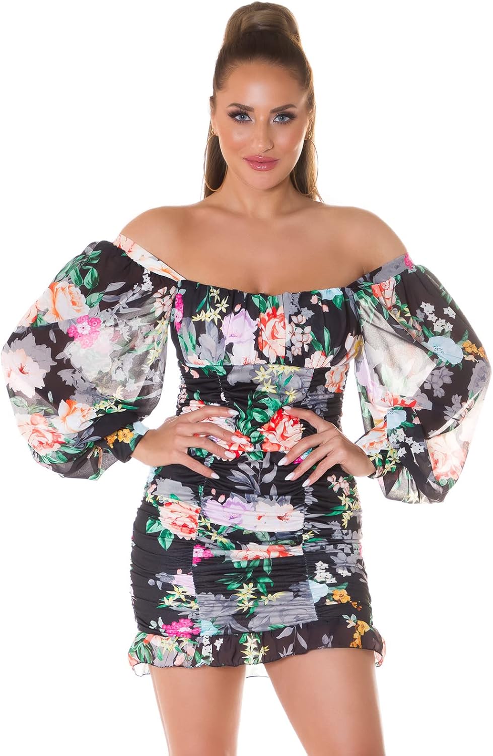 Flower Printed Romantic Off Shoulder Minikleid mit Ballon-Ärmel Einheitsgrösse Rot/Schwarz, Einheits