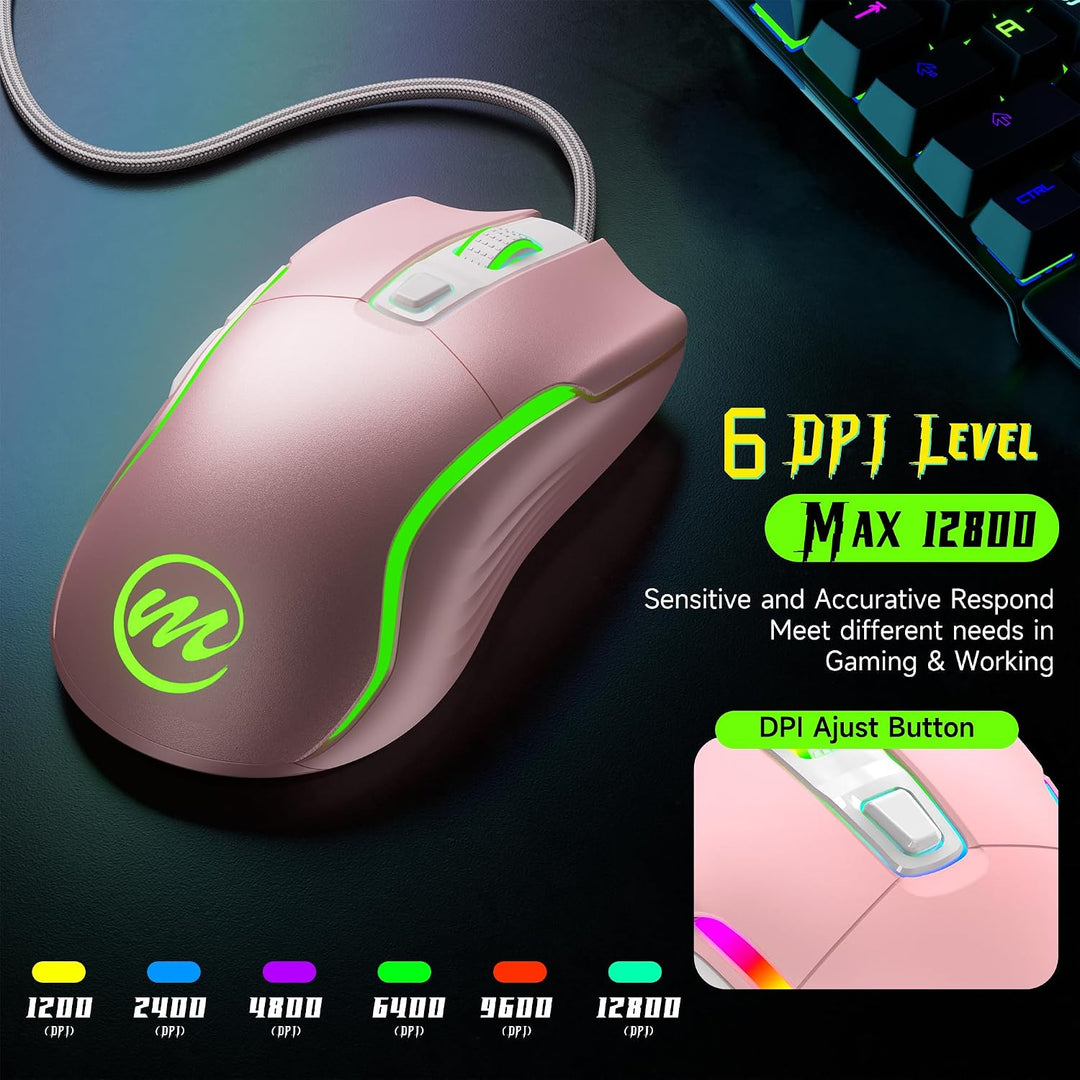memzuoix Gaming Maus mit Kabel und LED-Lichtern – 12.800 DPI einstellbar, 6 Tasten, 12 RGB-Modi, Erg