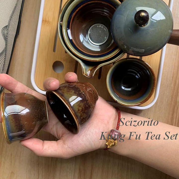 Keramik Portable Travel Tee Set, chinesischer Kungfu Tee Set mit 360-Rotation Teekanne und Infuser,