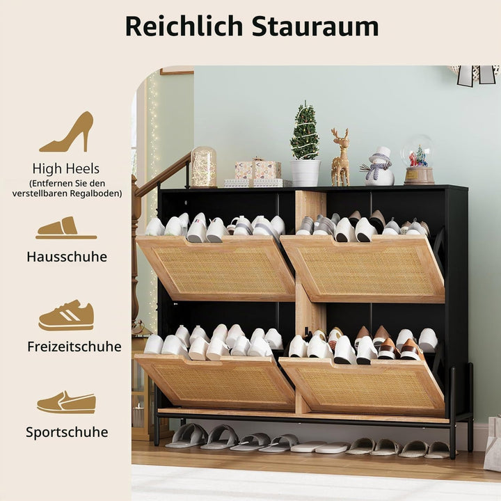 Litake Schuhkommode mit 4 Flip Schuhschrank mit 8 Einstellbar Ablageflächen-Natürliches Rattan Schuh