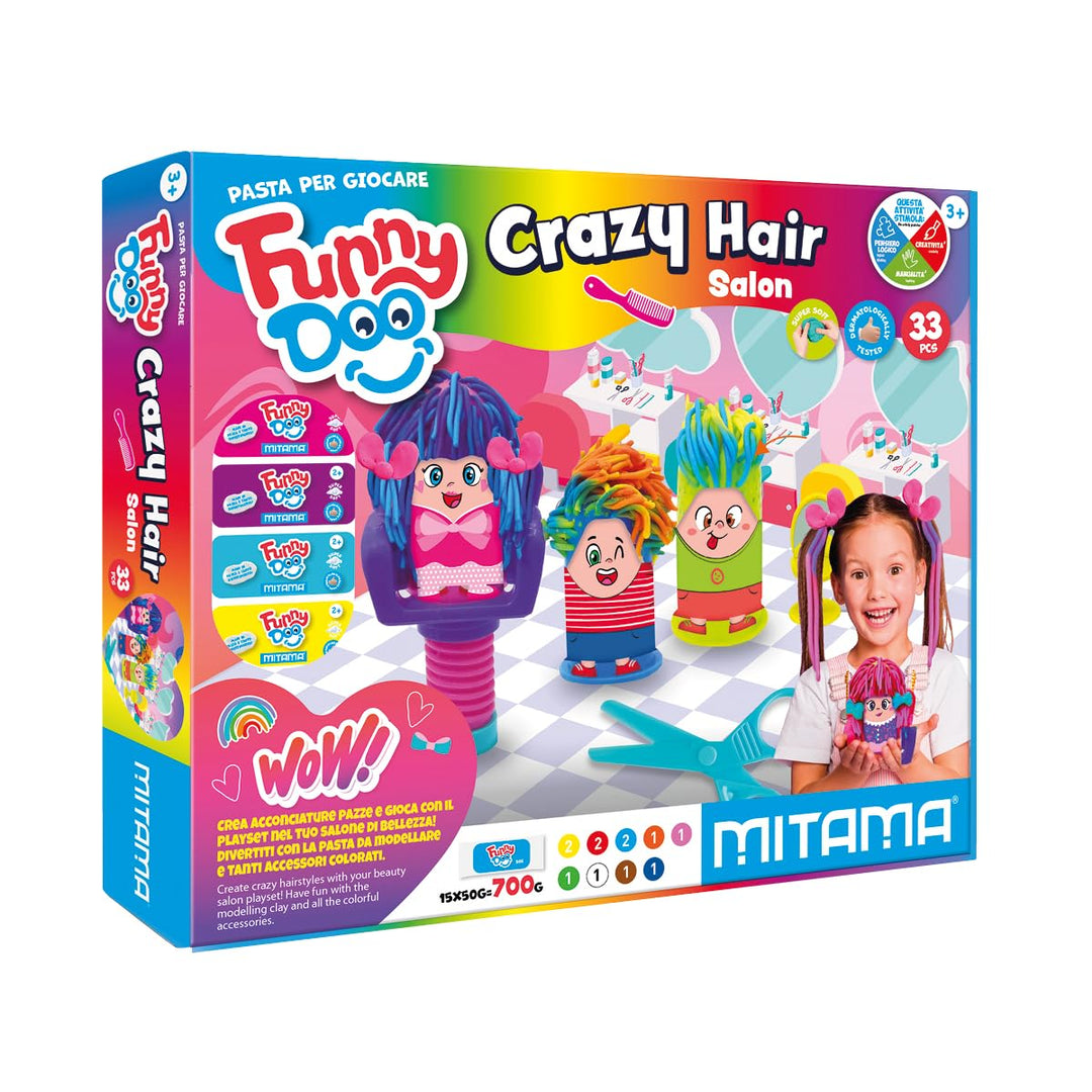 Mitama Funny Doo – Friseur-Spielset mit 15 Dosen Knete, Knetwerkzeug, Zubehör und Aufklebern, kreati