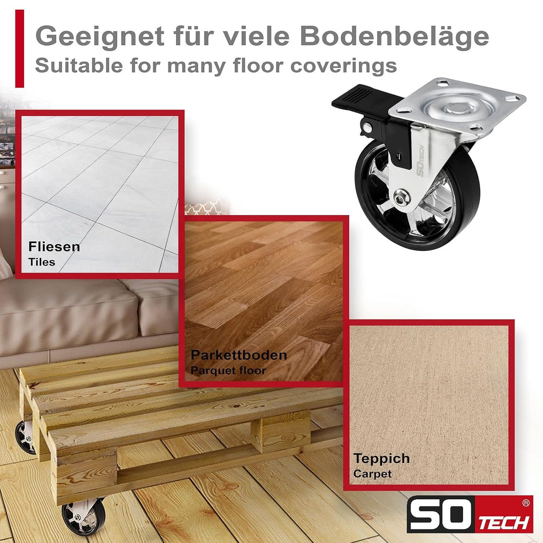SOTECH 4 Stück Design Lenkrollen SHIFT Rollen-Ø 75 mm schwarz mit Feststellfunktion, belastbar bis 1