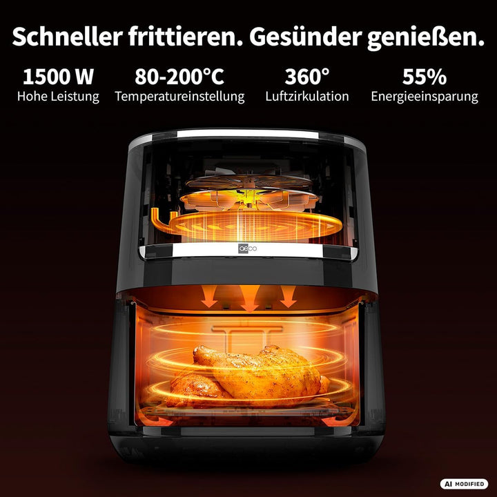 aeco COMPACT AirFryer 4,3 Liter, Heissluftfritteuse mit digitalem Touch-Display, 1500 Watt, 80°-200°