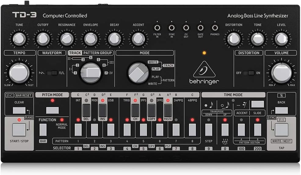 Behringer TD-3-BK Analoger Bass-Line-Synthesizer mit VCO, VCF, 16-stufigem Sequenzer, Verzerrungseff