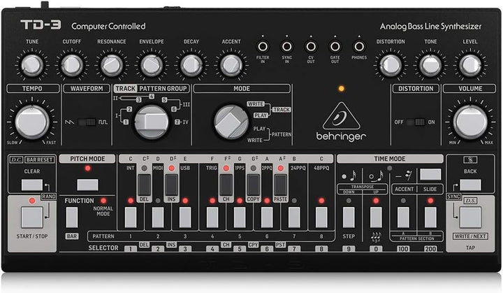 Behringer TD-3-BK Analoger Bass-Line-Synthesizer mit VCO, VCF, 16-stufigem Sequenzer, Verzerrungseff
