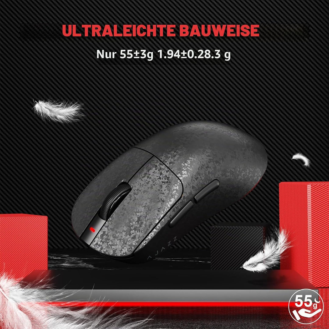 A.JAZZ AJ199 Carbonfaser-Gaming-Maus, Kabellos 2,4G/BT/USB-C Tri-Mode, Ultraleicht 55g, Optischer Pi