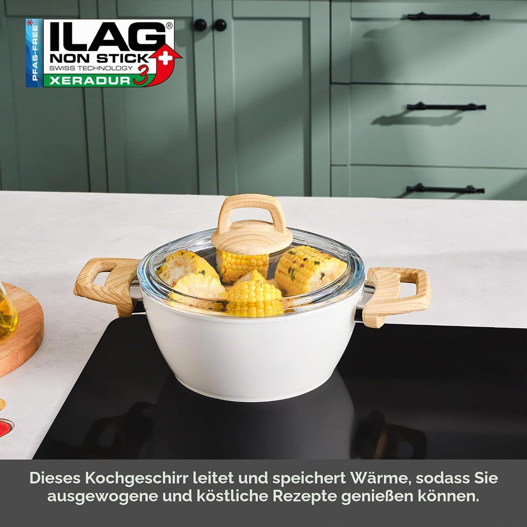Karaca Swiss Crystal Antihaft-Induktions-Schmortopf mit Deckel, 20 cm, Cremefarben Kochtopf, PFOA/PF