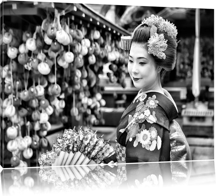 Pixxprint Anmutige Geisha mit Fächer als Leinwandbild/Grösse: 100x70 cm/Wandbild/Kunstdruck/fertig b