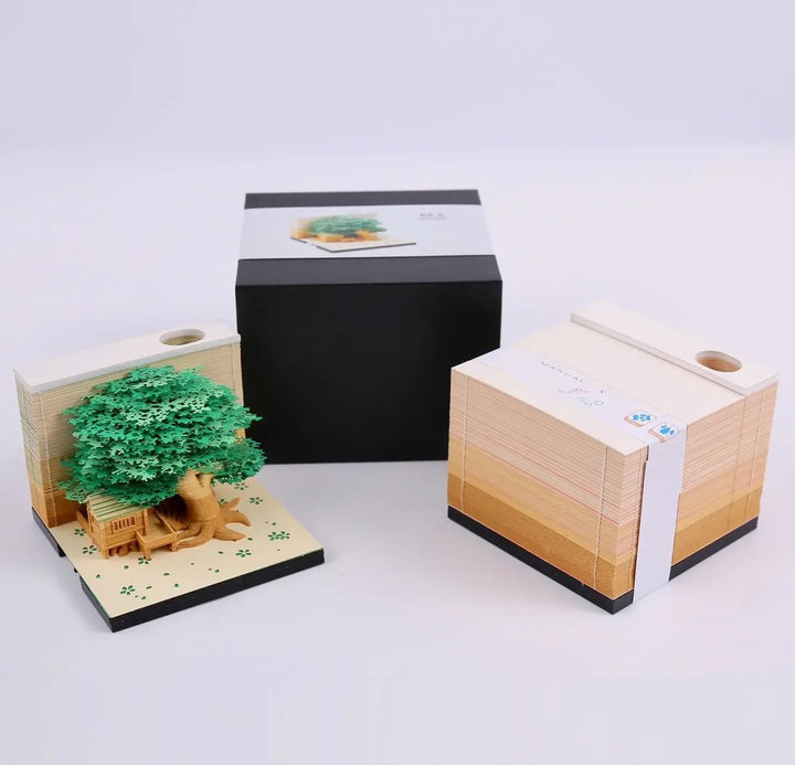 MEICHI 3D Notizblock, nicht verklebt, 3D Baumhaus (Grün) Papierkunst mit Anzeigebox glasklar, 9 x 9