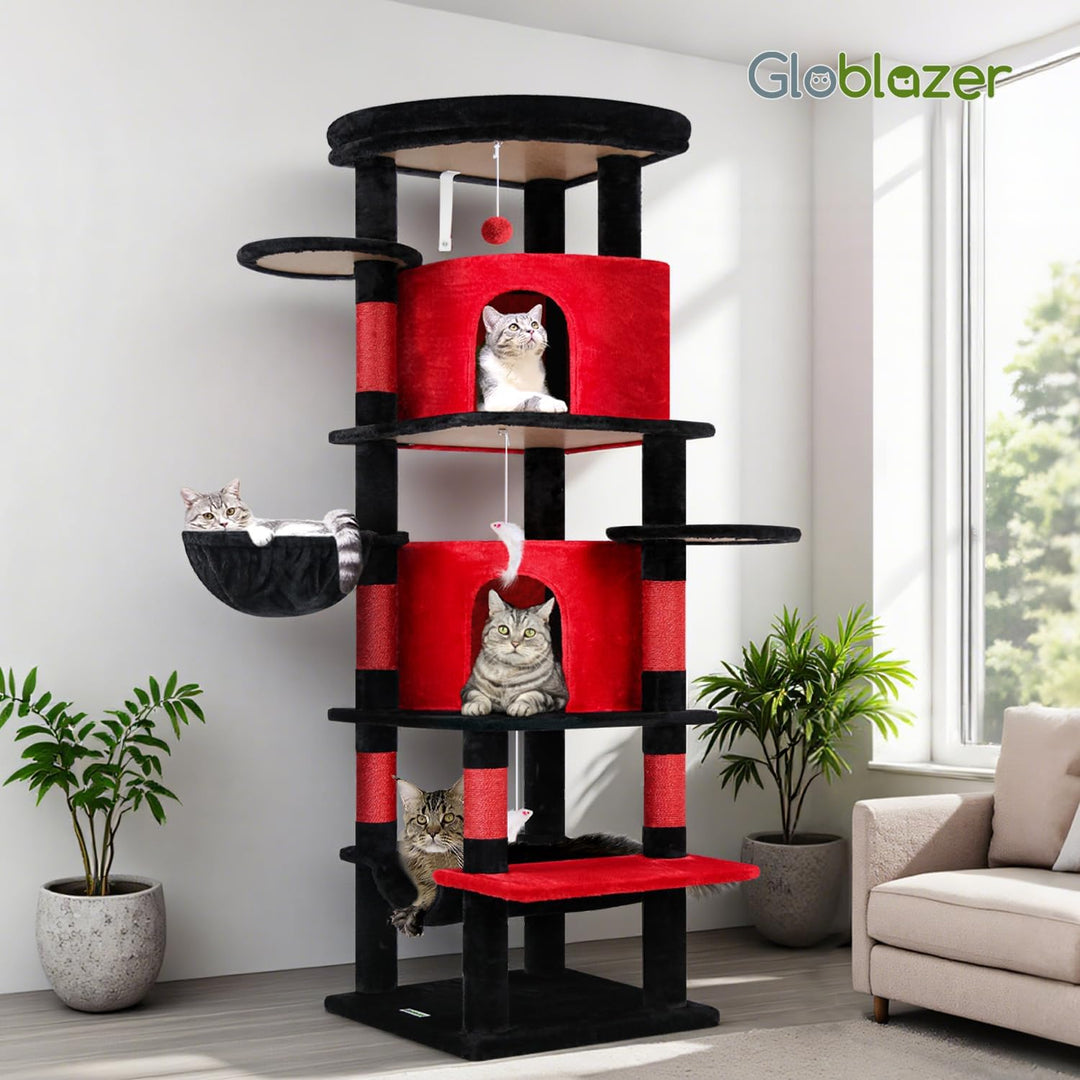 Globlazer Kratzbaum Gotisch Schwarz Rot, Eckkratzbaum Stabil hoch 167 cm mit 2 Sektor Katzenhaus, Ge