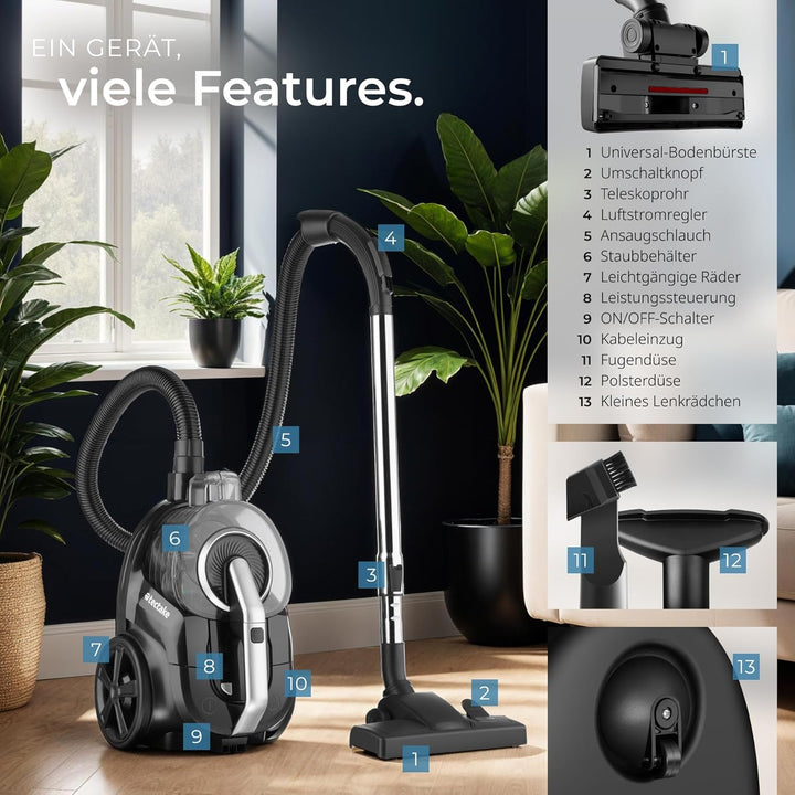 tectake® Staubsauger beutellos, VC900, 900 W, stark, beutelloser Bodenstaubsauger mit Kabel, für Tie