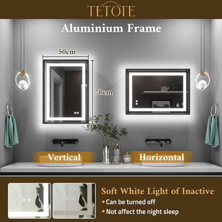 TETOTE Badspiegel mit Beleuchtung Schwarz Metallrahmen 50x70cm, Badezimmerspiegel Beleuchtet Beschla