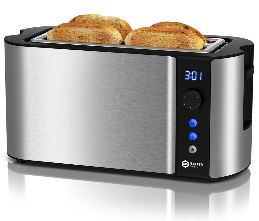 Balter Toaster 4 Scheiben, Langschlitz, Edelstahl, Brötchenaufsatz, LCD Display mit Restzeitanzeige,
