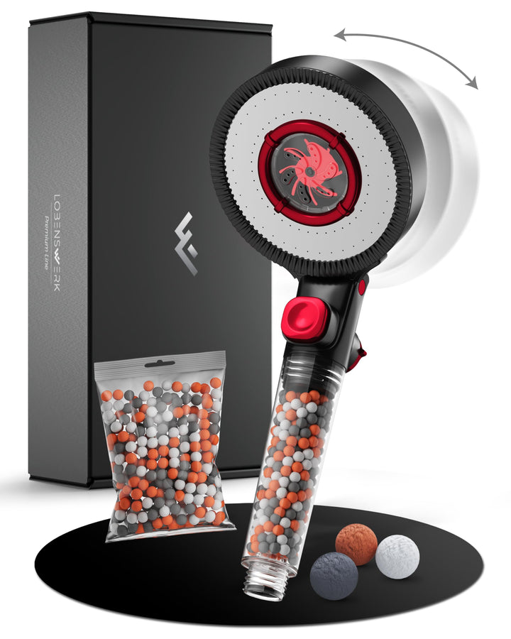 LOBENSWERK Duschkopf Schwarz Matt [3 Funktionen] mit natürlichen Mineralperlen für reines Wasser & H