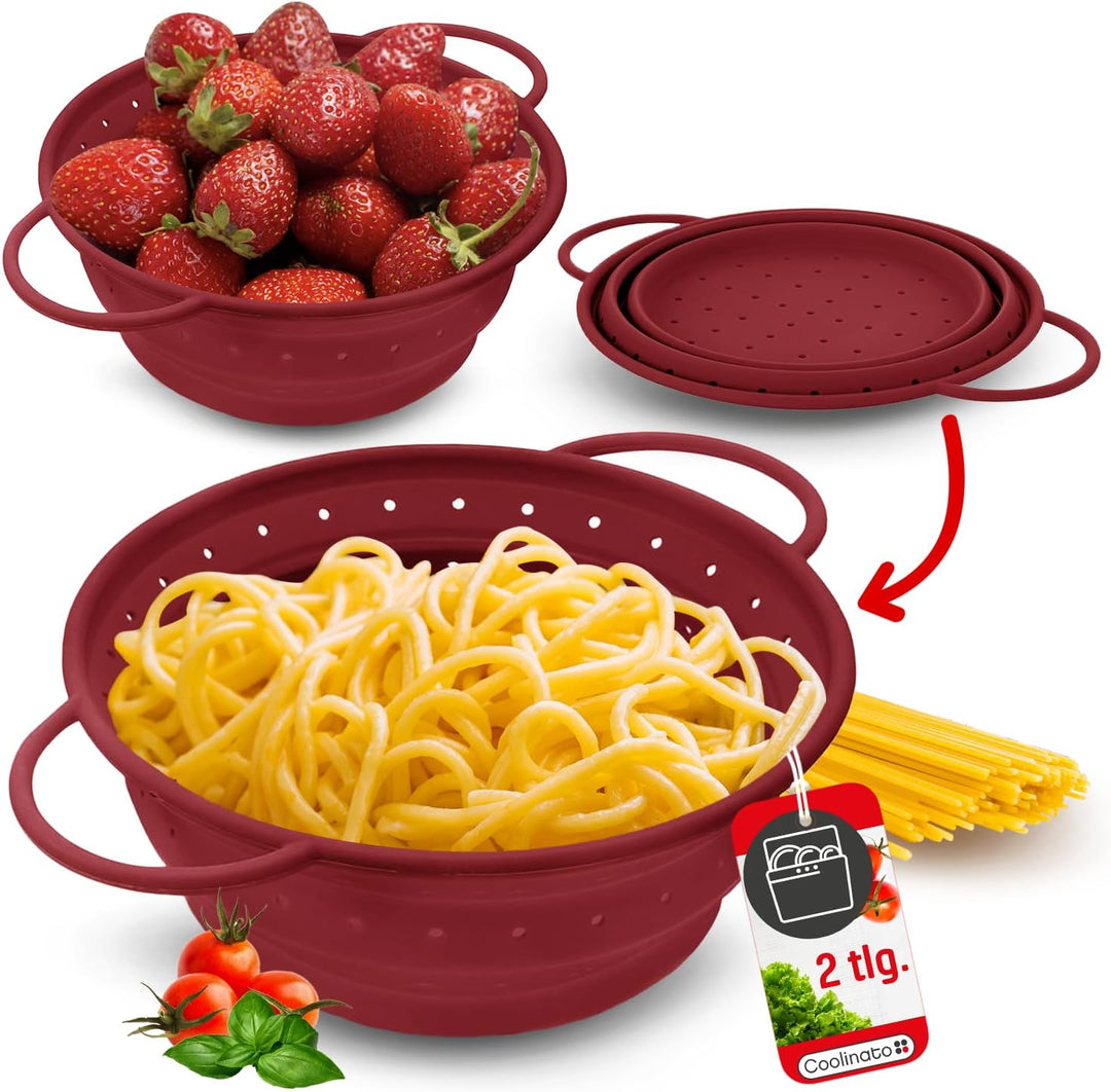 Coolinato Sieb aus Silikon 2er Set, faltbar spülmaschinenfest, Nudelsieb Abtropfsieb Dampfgar Einsat