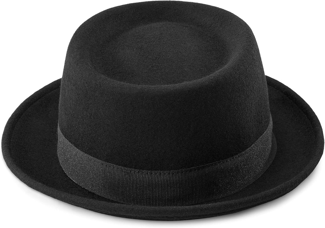 Pork Pie Hut für Herren, schwarze Wolle, flache Oberseite, Fedora-Hut, Trilby-Hut, Unisex, Porkpie-H