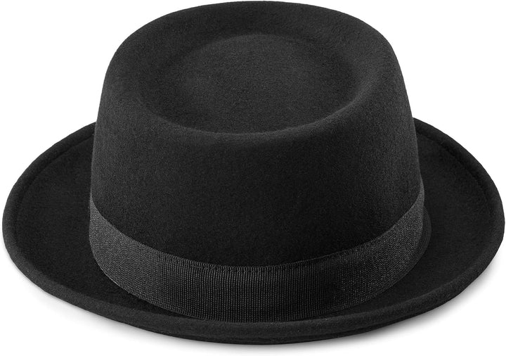 Pork Pie Hut für Herren, schwarze Wolle, flache Oberseite, Fedora-Hut, Trilby-Hut, Unisex, Porkpie-H