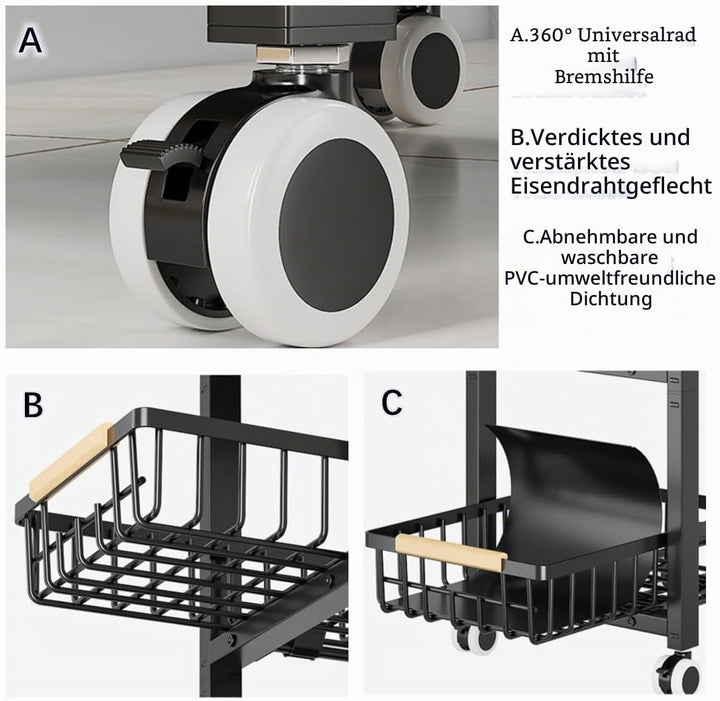 Metalldrahtkörbe mit Rädern, stapelbare Aufbewahrungsbehälter, Küchen-Organizer-Regal, mehrschichtig
