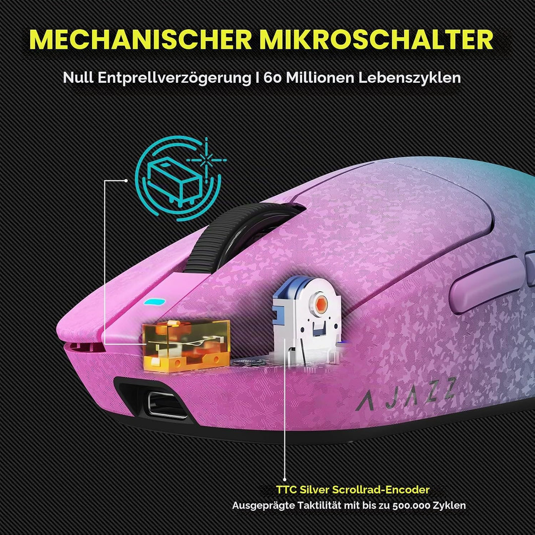 A.JAZZ AJ199 Carbonfaser-Gaming-Maus, Kabellos 2,4G/BT/USB-C Tri-Mode, Ultraleicht 55g, Optischer Pi