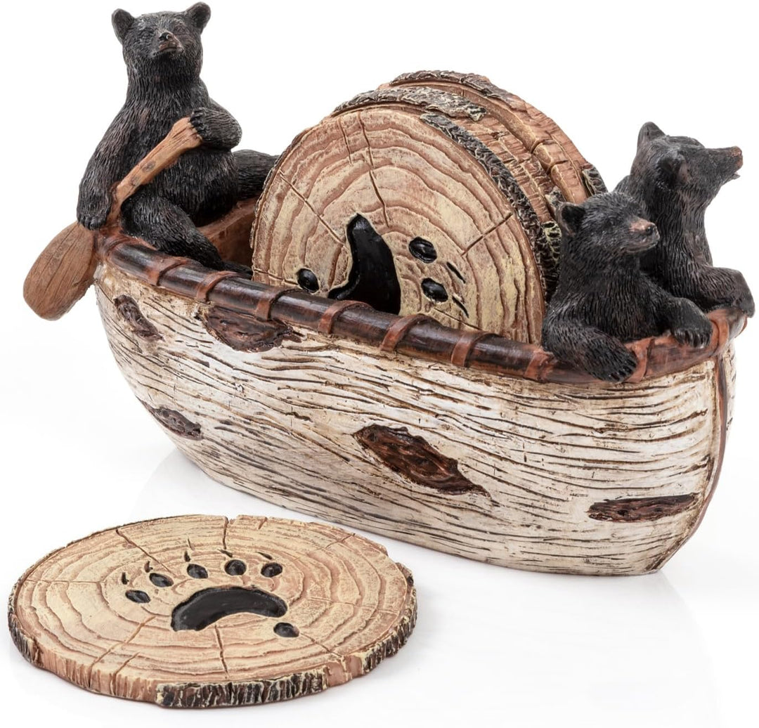 Bear Coasters Set of 6 Rustic Full Size Coasters in Handmade Canoe with Adorable Black Bear Figurine