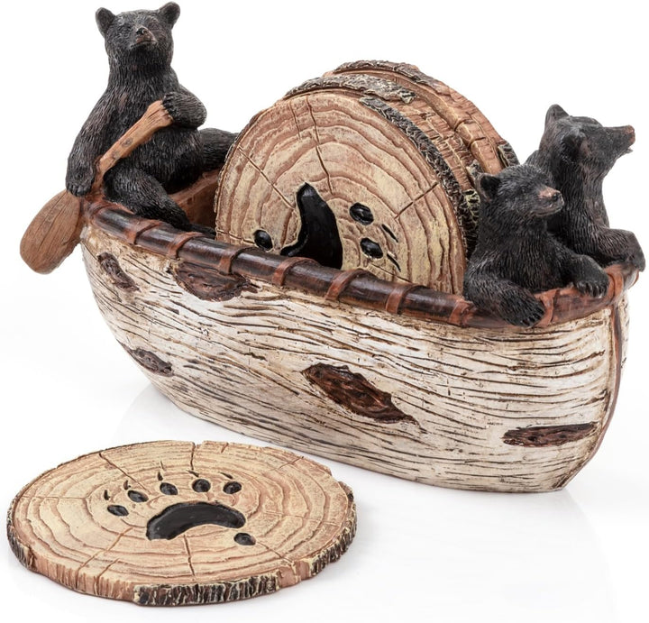 Bear Coasters Set of 6 Rustic Full Size Coasters in Handmade Canoe with Adorable Black Bear Figurine