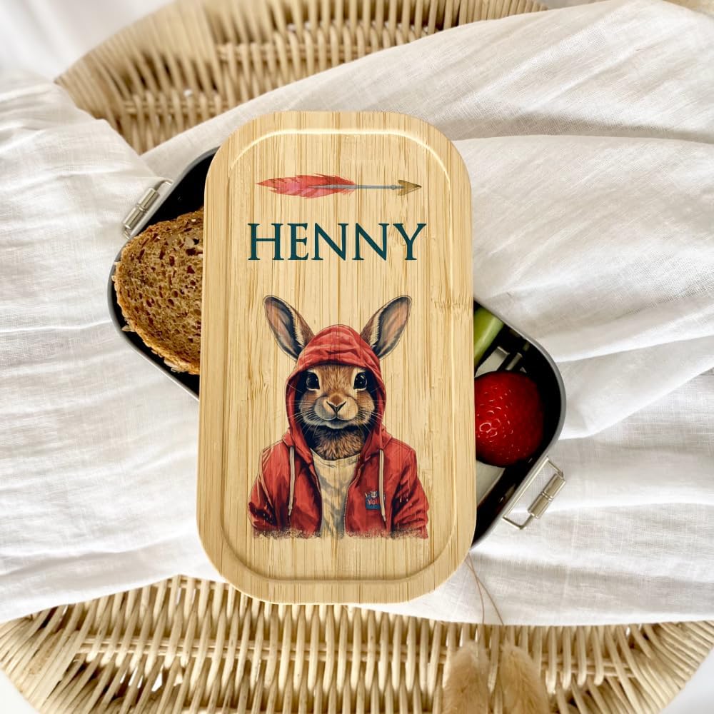 Manufaktur Liebevoll - Personalisierte Brotdose mit Fächern, Edelstahl Lunchbox mit Bambus Deckel u.