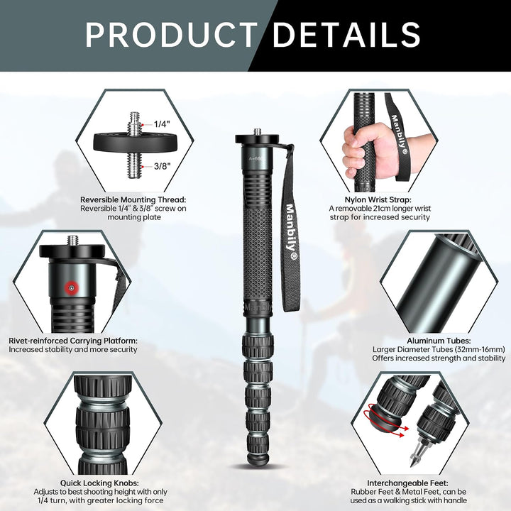 Manbily 32mm Einbeinstativ für Kameras 44cm-174cm aus Aluminium Monopod Stativ DSLR Reise-Einbeinsta
