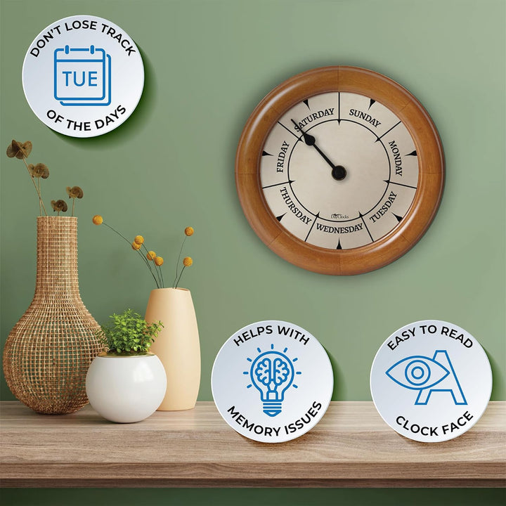 DayClocks Klassische Tagesuhr - Wochentag Uhr - Tagesuhr mit Mitternachtsmarkierungen - Einzigartige