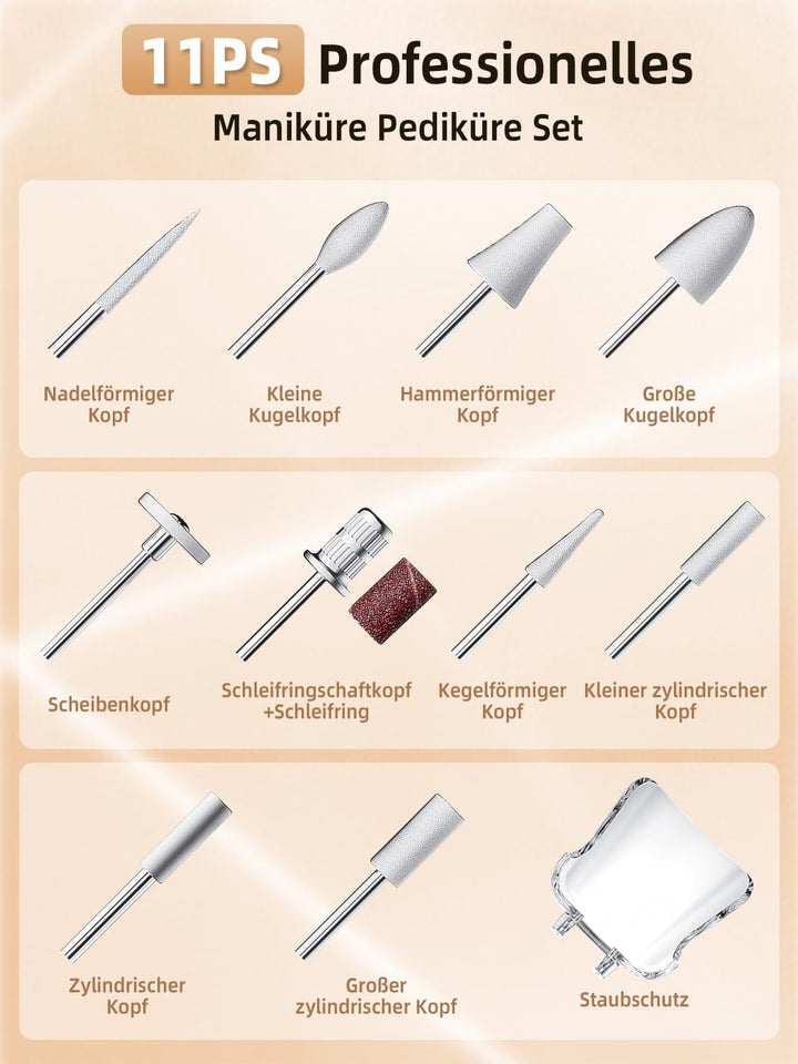Nagelfräser Kabellos - 11 in 1 Tragbar Maniküre Set mit 10 Geschwindigkeiten und LED Licht, Pediküre
