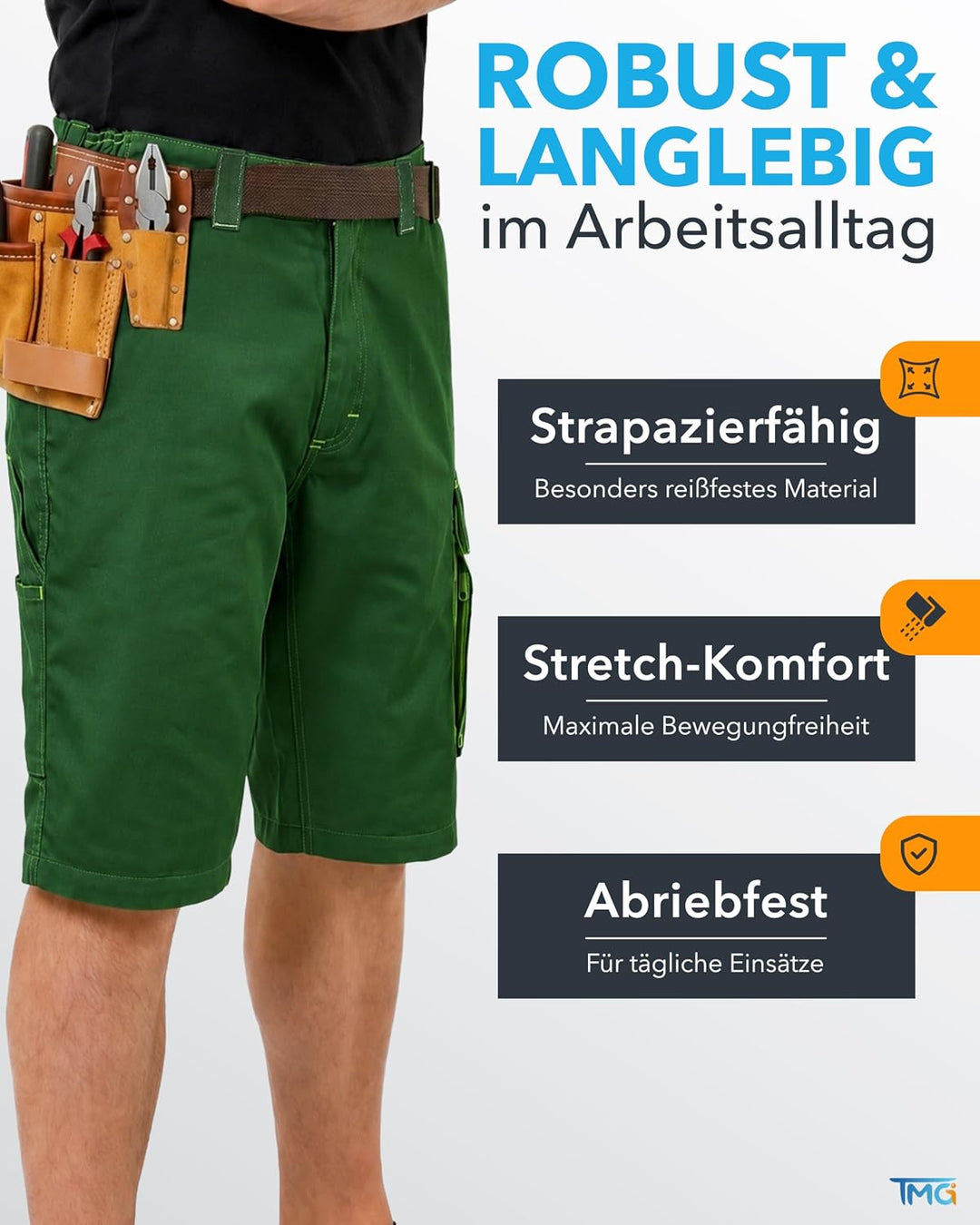TMG | Arbeitsshorts für Herren, Kurze Arbeitshose mit Werkzeugtasche, robust &amp; strapazierfähig, Carg