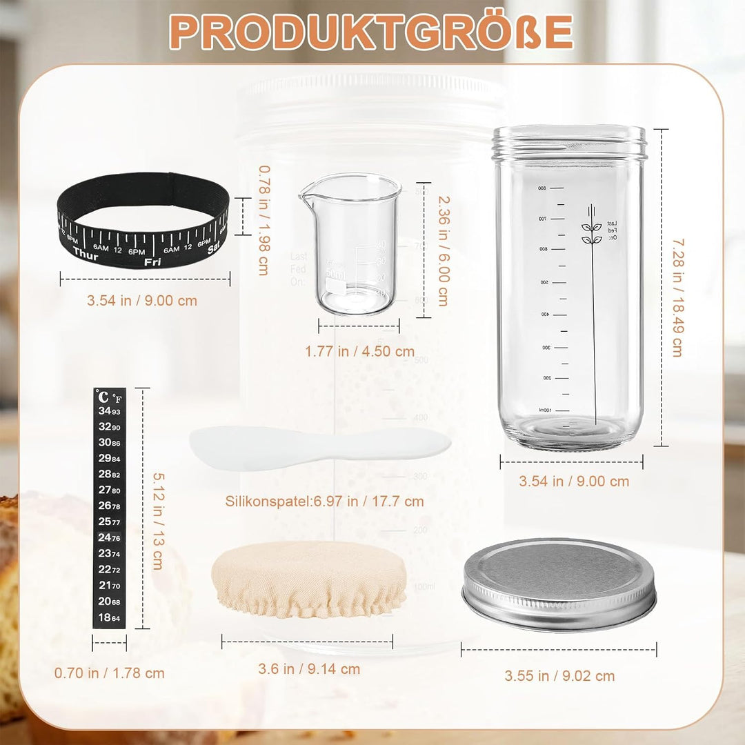 Sauerteig Starter Set aus Glas 1000ml - Anstellgut Glas Behälter mit Spatel Fermentierglas Cloth Cov