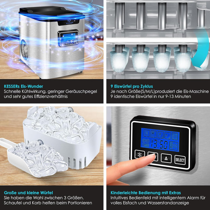 KESSER® Eiswürfelbereiter | Eiswürfelmaschine Edelstahl | 150W Ice Maker | 12 kg 24 h | 3 Würfelgrös