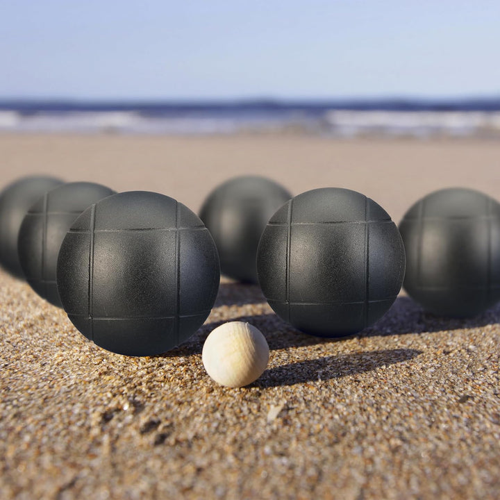 Relaxdays Boule Kugeln, 6 Metall-Kugeln, Set mit Zielkugel & Abstandsmesser, Tragetasche, Boccia Spi
